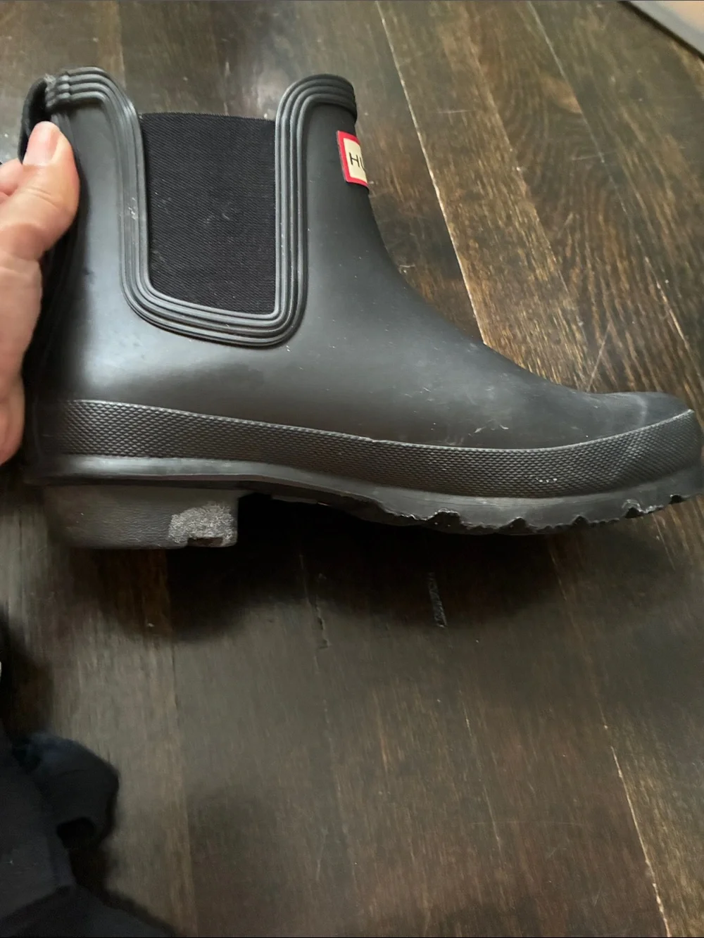 Hunter Black Chelsea Rain Boots with Red Logo